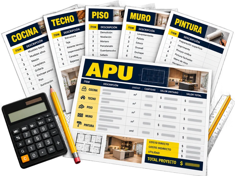 Hojas de APU de cocina, techo, piso, muro y pintura