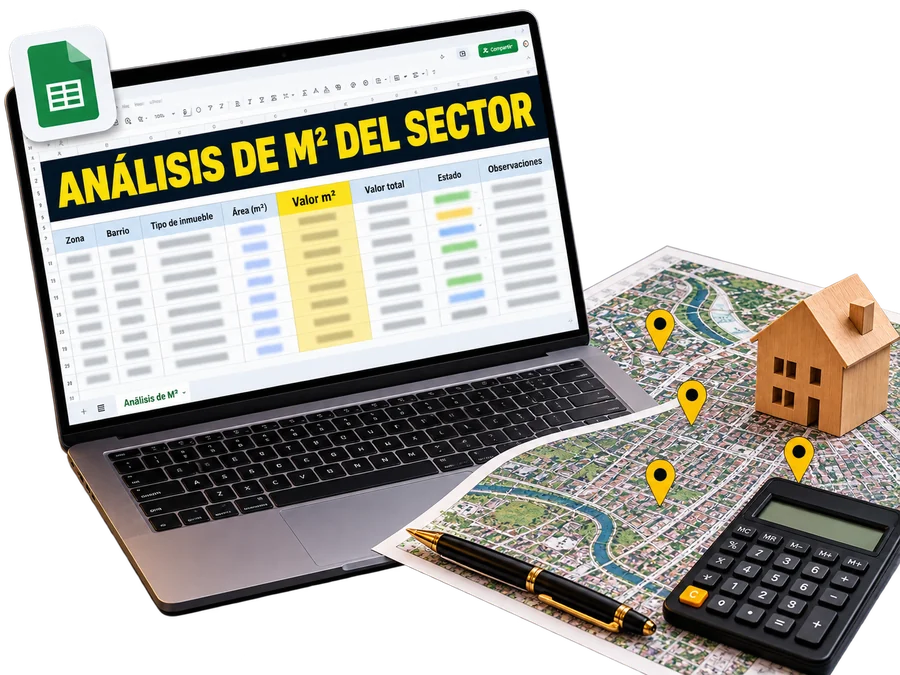 Plantilla de análisis de m² del sector en un portátil